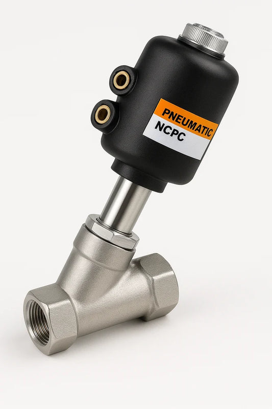 EM.C EMCP-40-63S1-T - Valvula Angular 1.5 In Cuerpo Acero Inoxidable Actuador De Plastico Simple Efecto N.C.